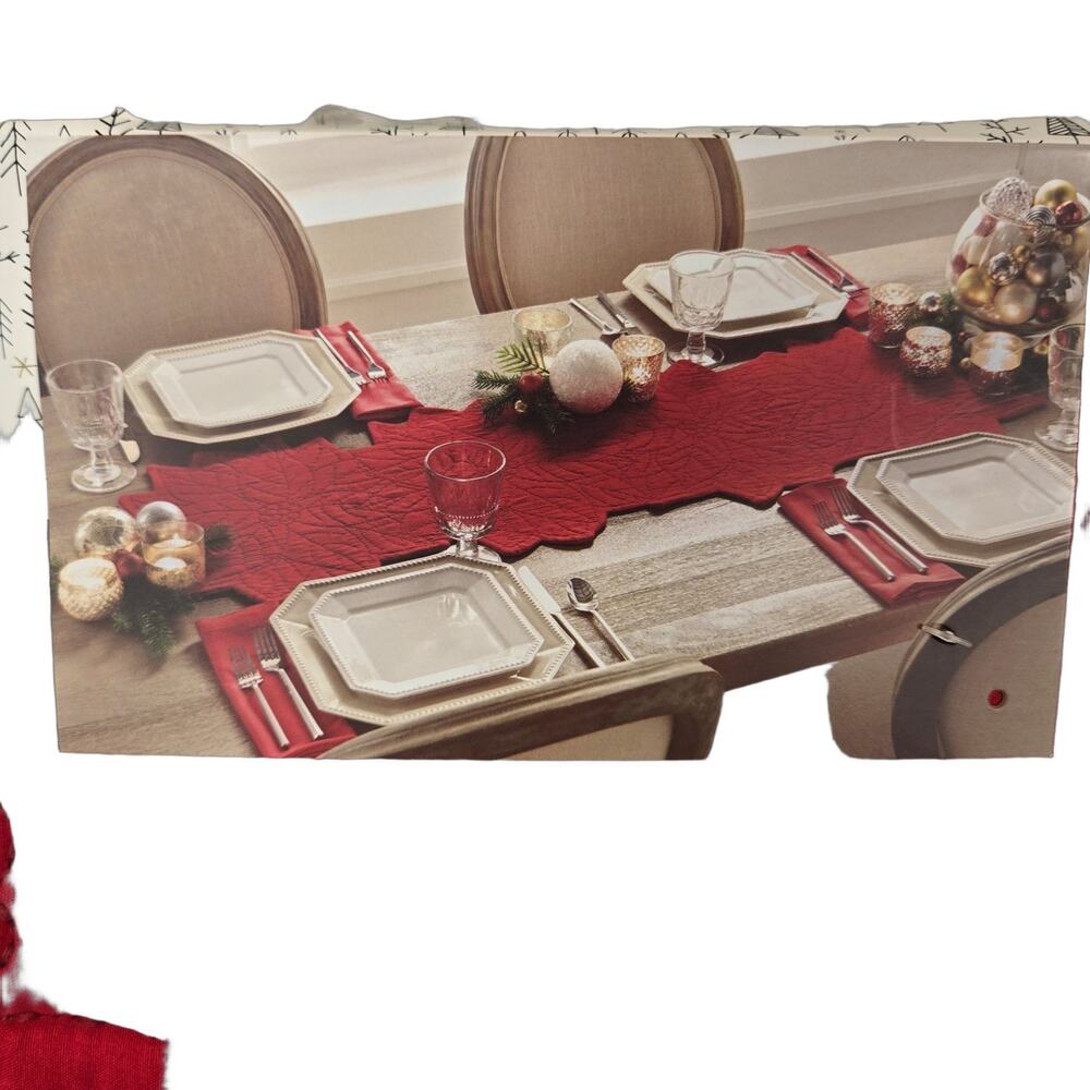QUILTED POINSETTIA Nicole Miller Table Runner Red FloRAL Christmas 14x48" NEW